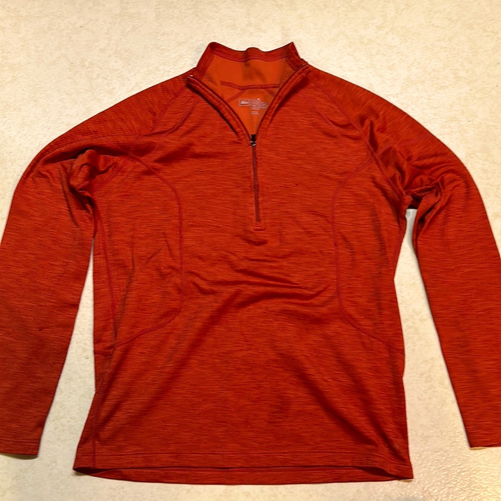REI men’s long sleeve 100% polyester base layer shirt, orange, size medium